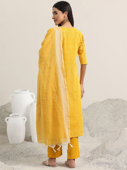 Ethnic Motifs Printed V-Neck Thread Work Straight Kurta With Trousers & Dupatta