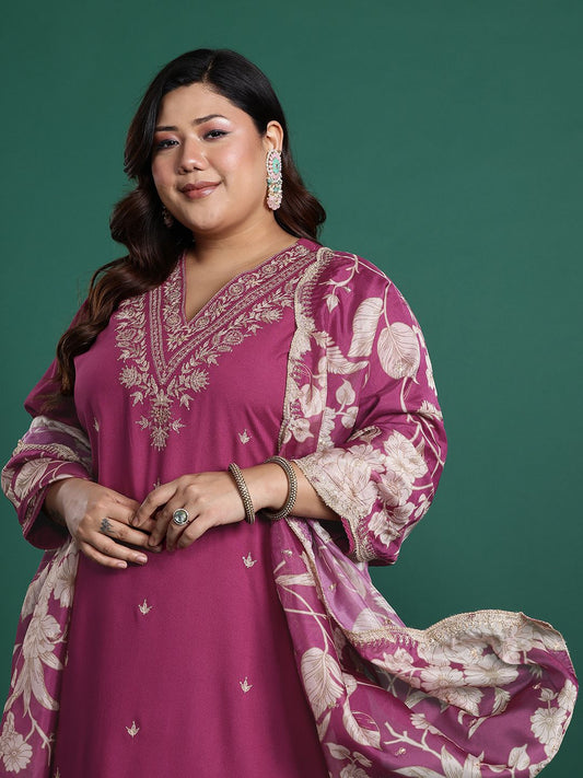 Dhiyona Women's Plus Size Floral Zari Embroidered Kurta with Salwar & With Dupatta