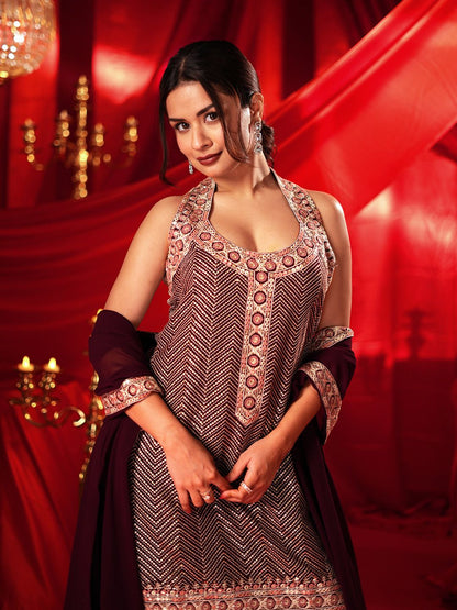 Dhiyona LL Chevron Embroidered Regular Sequinned Georgette Kurta With Palazzo With Dupatta