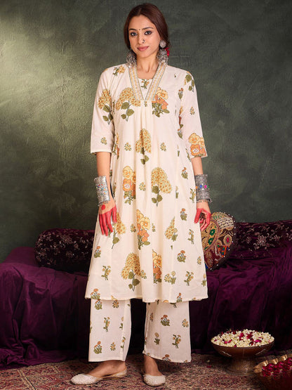 Floral Printed Pure Cotton V-Neck A-Line Kurta With Palazzos