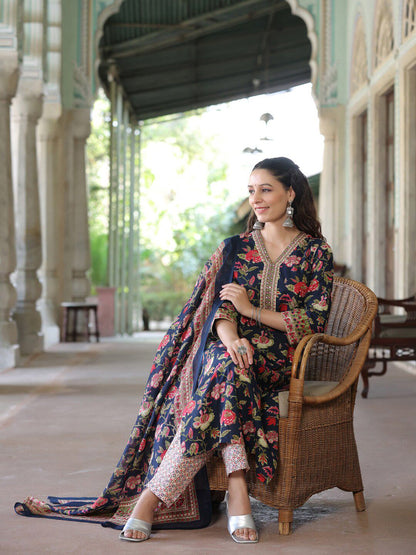 Dhiyona RR Women's Floral Printed V-Neck Pure Cotton Kurta with Trousers & With Dupatta