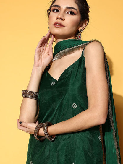 Dhiyona VA Women Green Embroidered Sequinned Kurta with Sharara & Dupatta