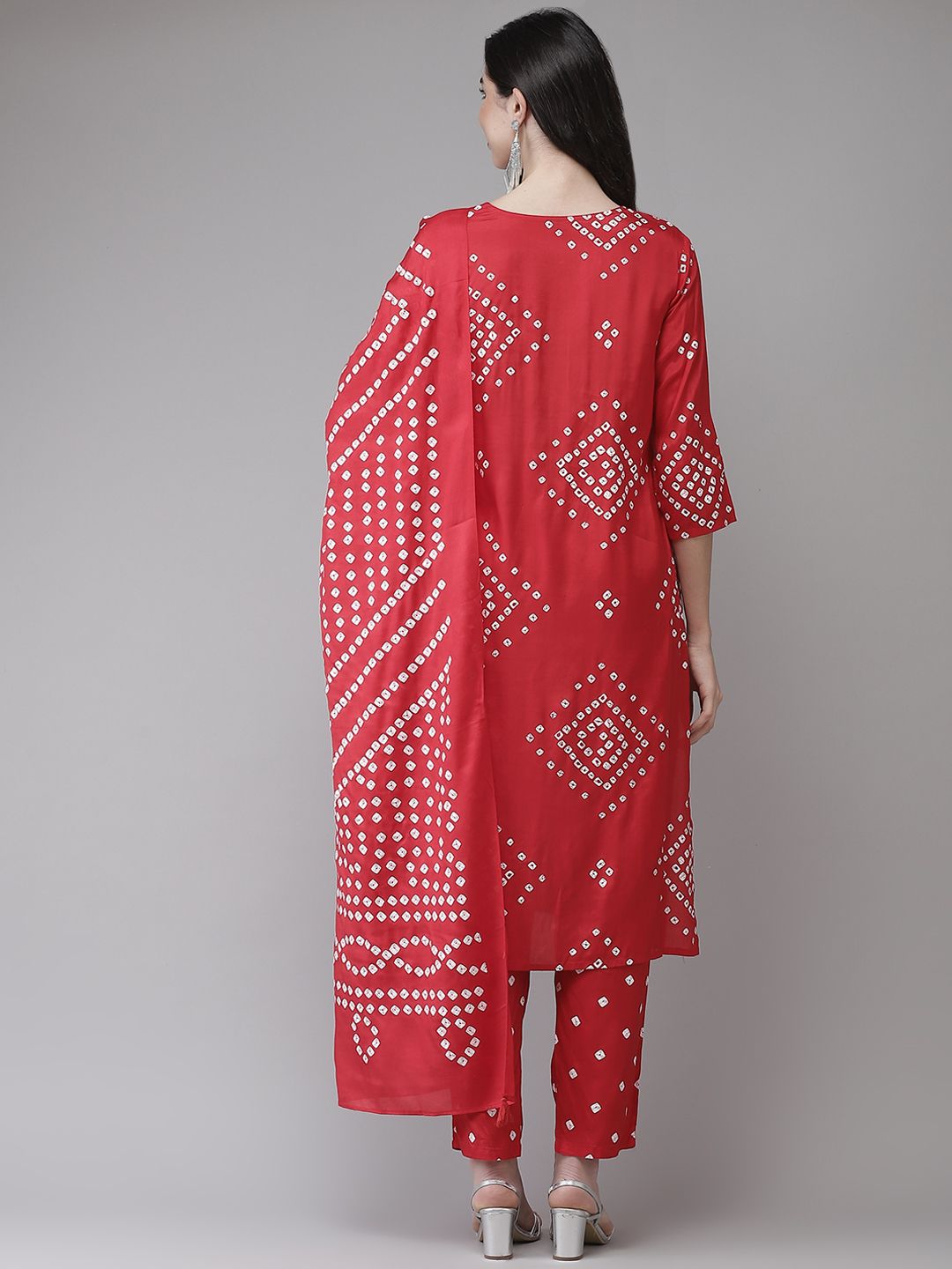 Dhiyona IS Women's Women Red Bandhani Printed Regular Kurta with Trousers & With Dupatta