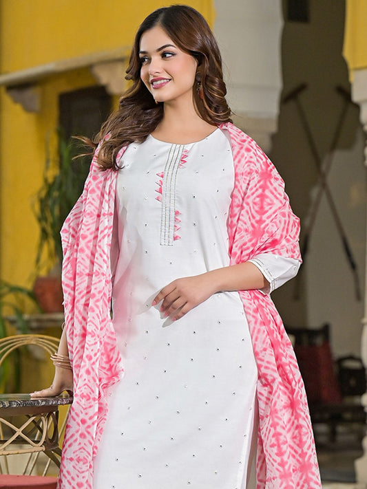 Dhiyona KL Women Floral Embroidered Regular Mirror Work Kurta with Trousers & With Dupatta