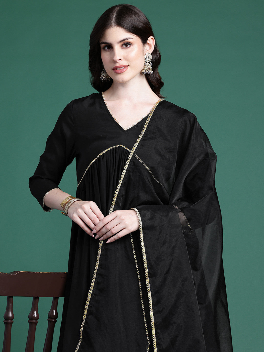 Empire Thread Work Kurta with Trousers & Dupatta