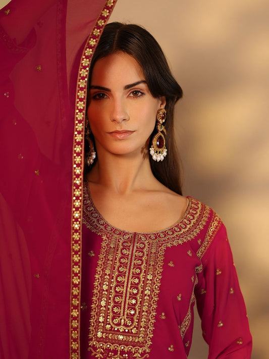 Dhiyona LL Floral Embroidered Georgette Kurta With Palazzos & Dupatta