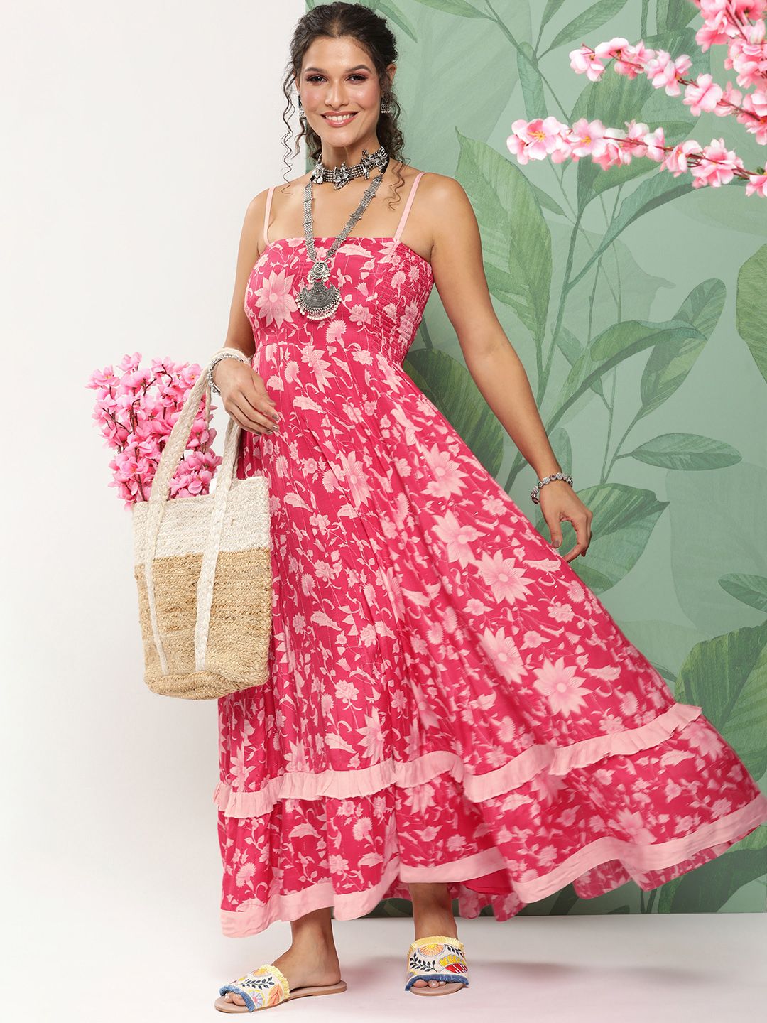 Dhiyona AY Women's Floral Printed Ruffles Fit & Flare Maxi Dress