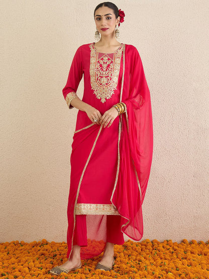 Women Ethnic Motifs Embroidered Regular Kurta with Trousers & Dupatta
