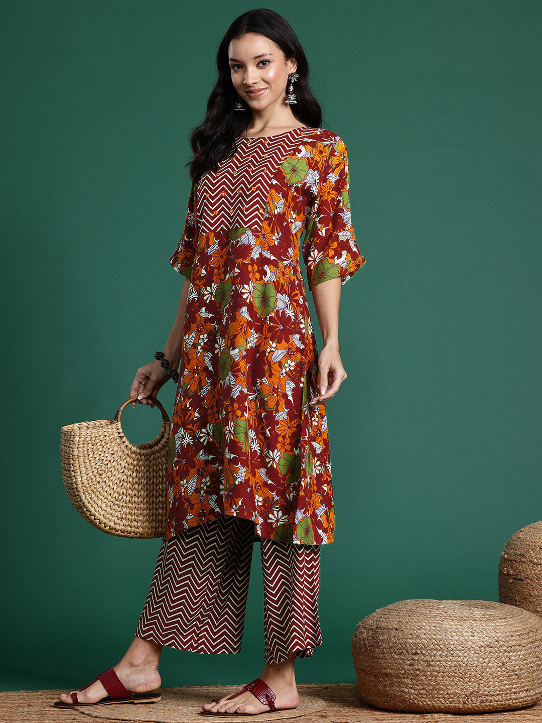 Dhiyona SN Floral Printed Regular Mirror Work Kurta with Palazzos