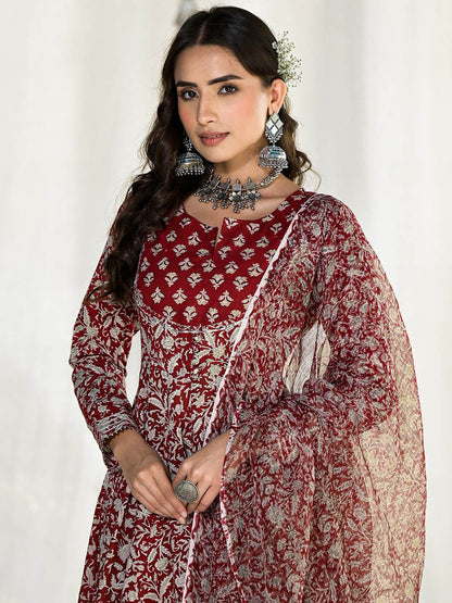 Dhiyona KL Floral Embroidered Gotta Patti Pure Cotton Anarkali Kurta With Trousers & Dupatta