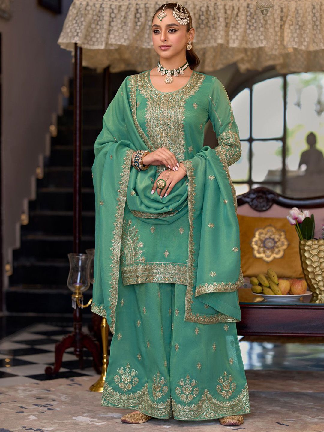 Dhiyona IE Ethnic Motifs Embroidered Sequinned Straight Kurta Palazzos With Dupatta