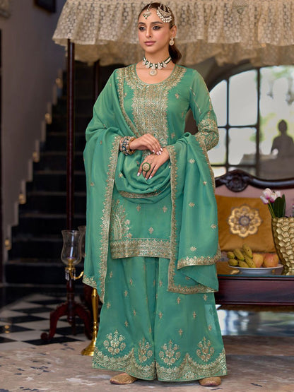 Dhiyona IE Ethnic Motifs Embroidered Sequinned Straight Kurta Palazzos With Dupatta