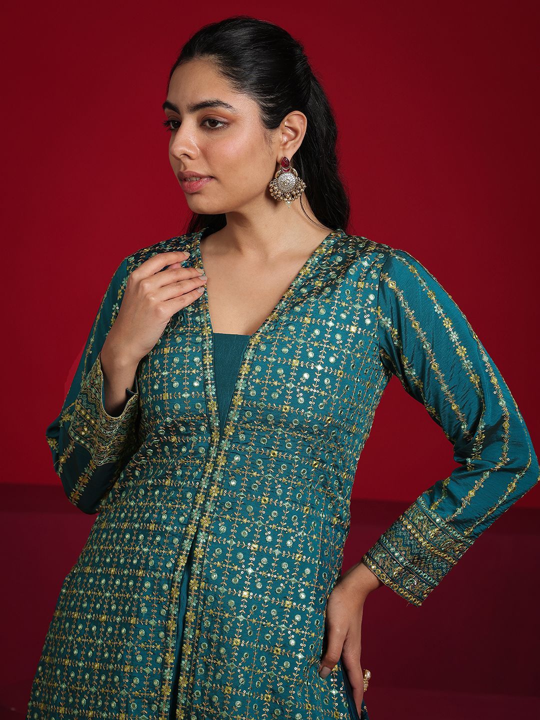 Dhiyona LL Ethnic Motifs Embroidered Mirror Work Straight Kurti with Palazzos & Dupatta