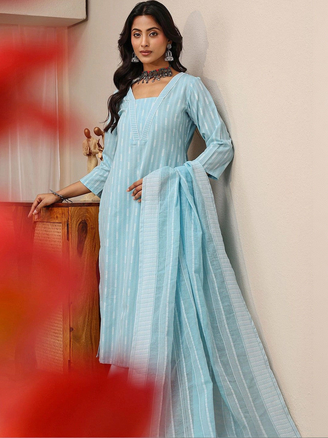 Libas Blue Striped Woven Design Straight Suit Set