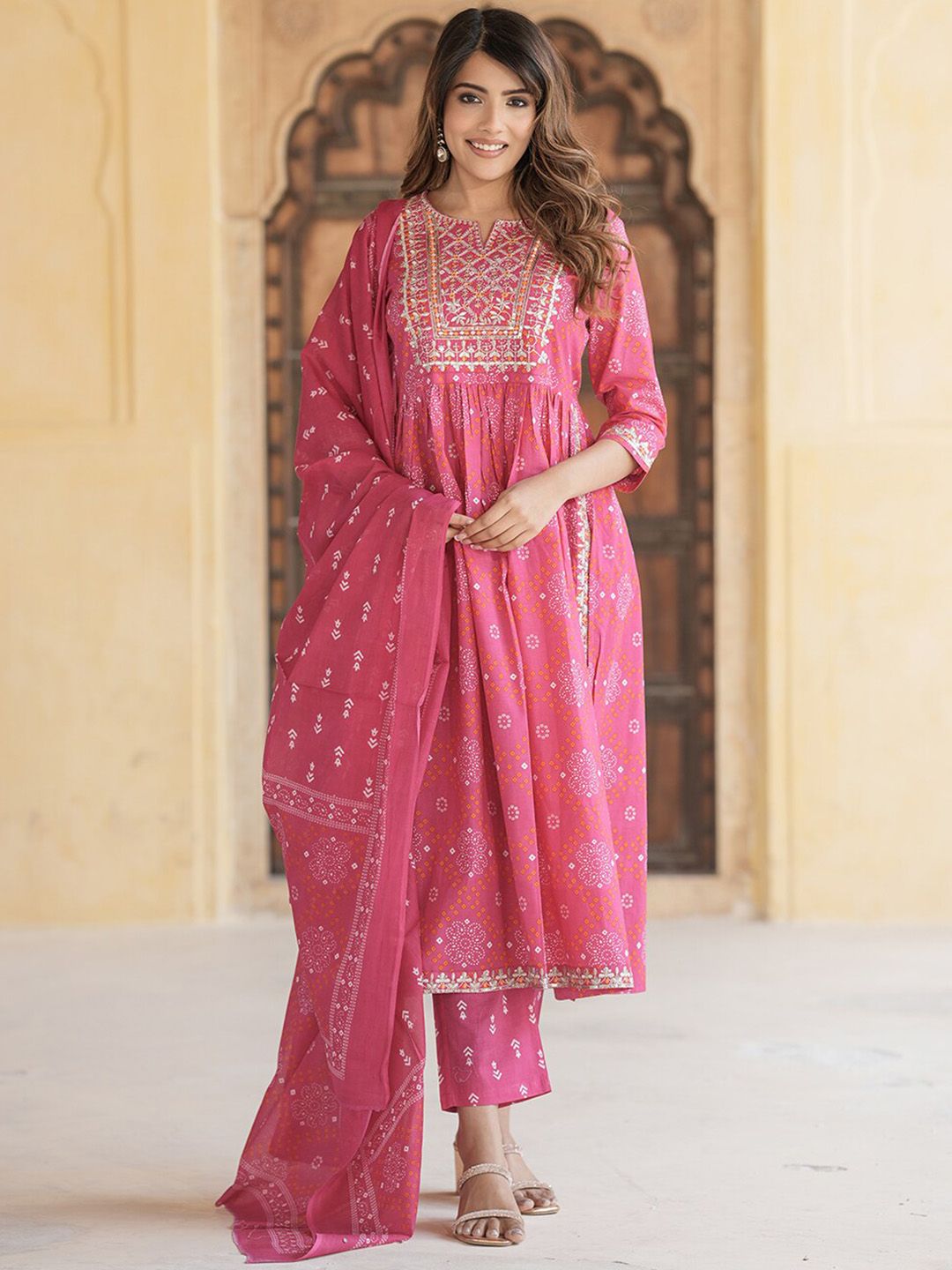 Dhiyona KL Ethnic Motifs Embroidered Thread Work Empire Pure Cotton Kurta Trousers & Dupatta