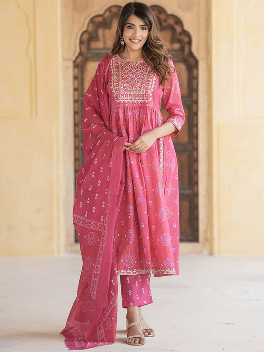 Dhiyona KL Ethnic Motifs Embroidered Thread Work Empire Pure Cotton Kurta Trousers & Dupatta