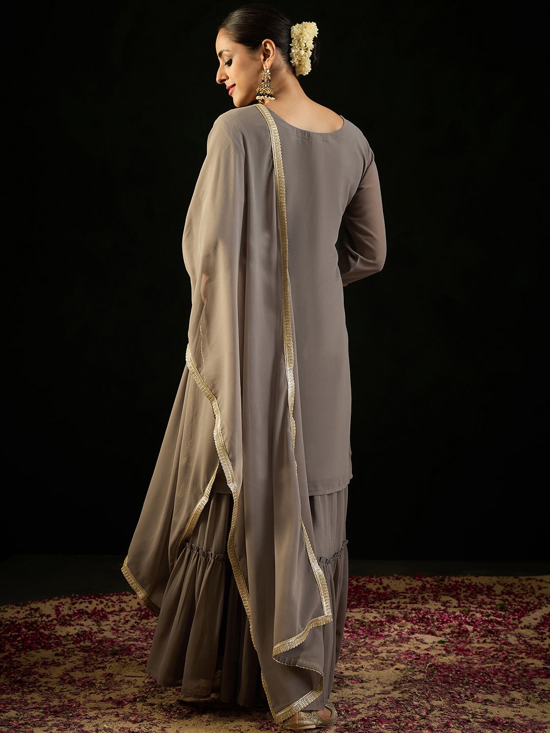 Dhiyona IE V Neck Floral Embroidered Thread Work Kurta with Sharara & Dupatta