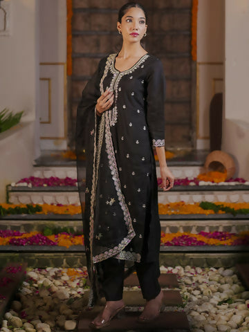 Women's Black Straight Embroidered Kurta Trousers With Dupatta Set