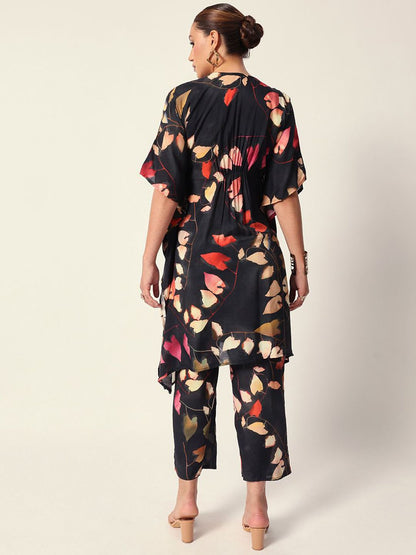 Dhiyona IS Women's Floral Printed Square Neck Sequinned Kaftan Kurta With Trousers