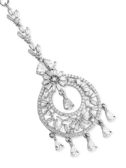 Dhiyona RJ Women's Silver-Plated Cubic Zicronia Studded Premium Maang Tikka