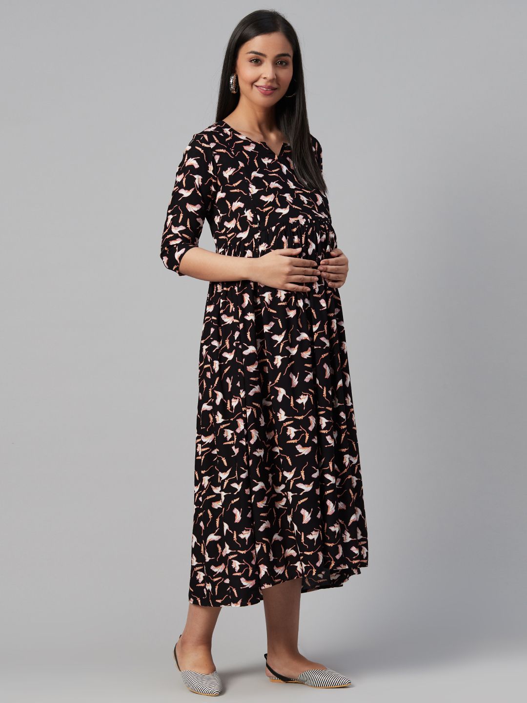 Dhiyona AY Women's Black & Off-White Printed Maternity A-Line Dress