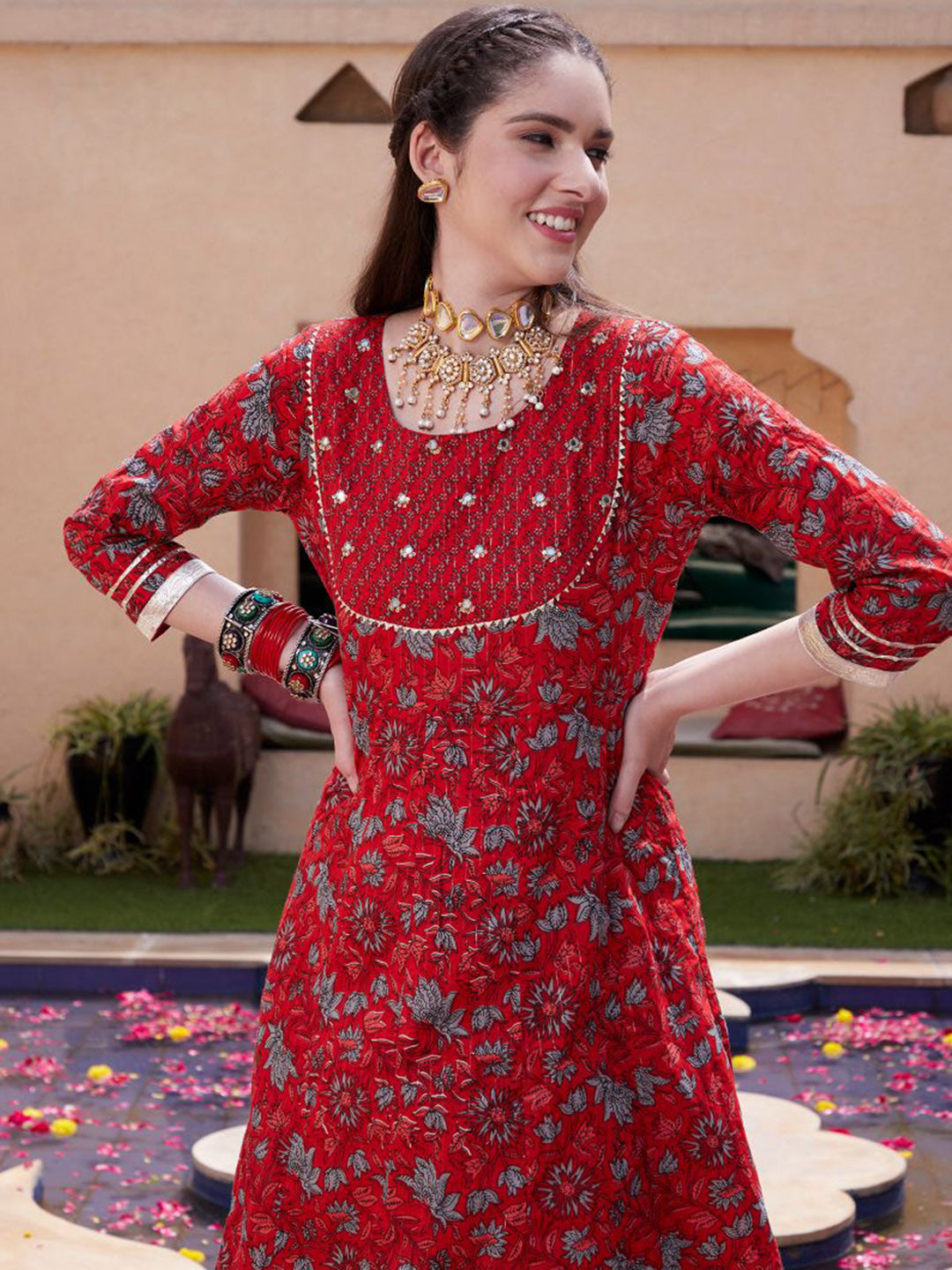 Red Floral Printed Mirror Work Pure Cotton A-Line Kurta Set