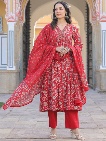 Dhiyona RR Women's Floral Printed Empire Sequinned Pure Cotton Kurta With Trousers & Dupatta