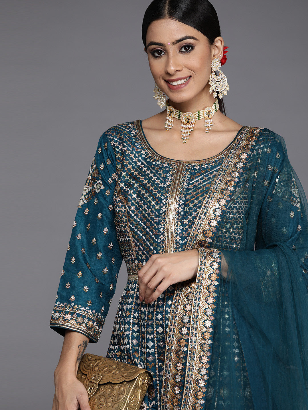 Women Teal Floral Embroidered Sequinned Pure Silk Kurta with Sharara & With Dupatta