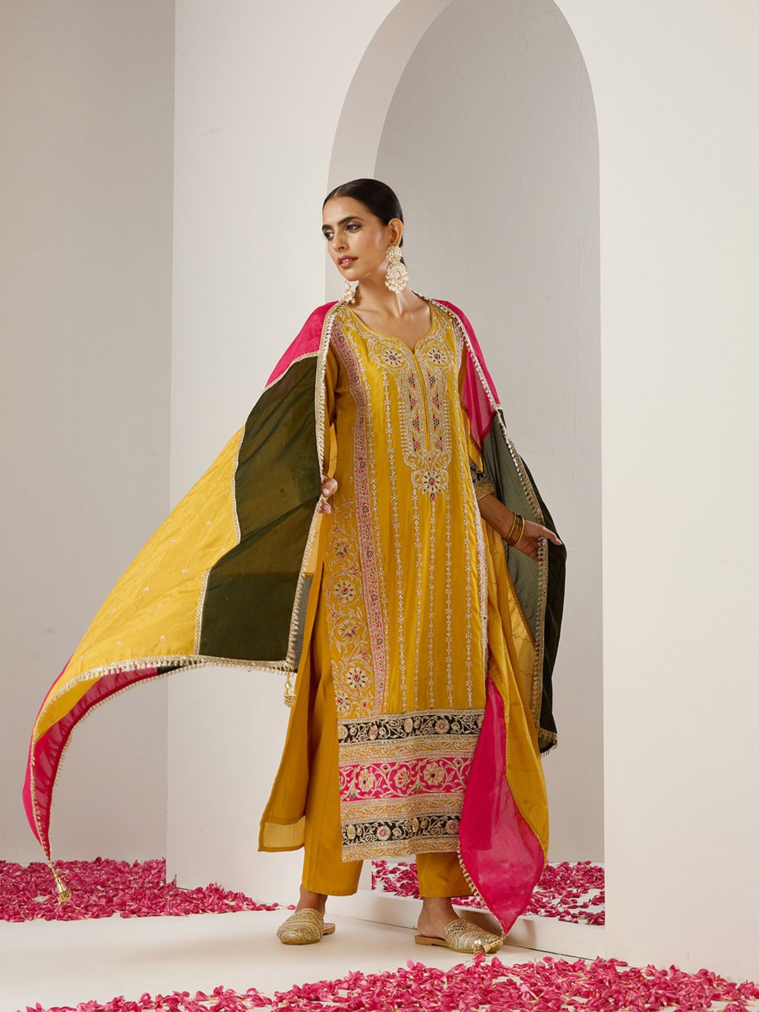 Dhiyona IS Women's Ethnic Motifs Embroidered Regular Gotta Patti Straight Kurta with Trousers & Dupatta