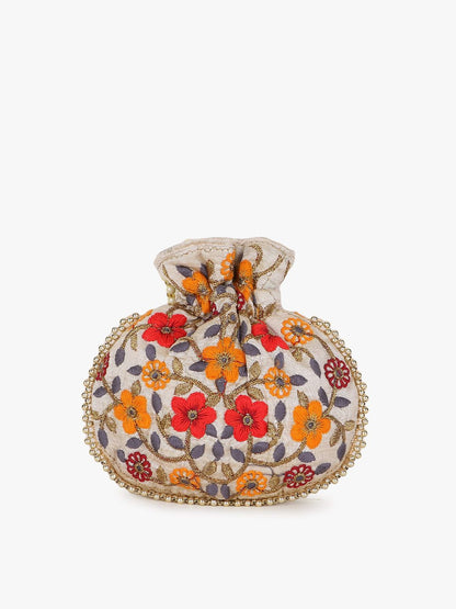 Dhiyona NR Girls Cream-Coloured & White Embroidered Tasselled Potli Clutch