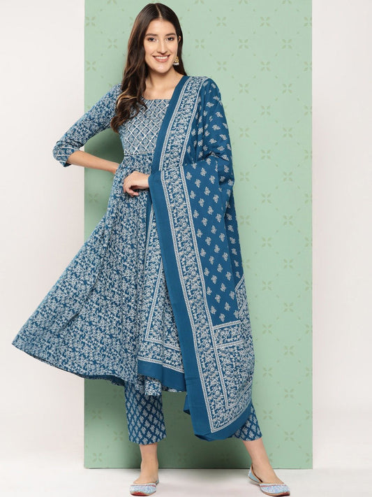 Dhiyona KL Ethnic Motifs Printed Pure Cotton Anarkali Kurta with Trousers & Dupatta