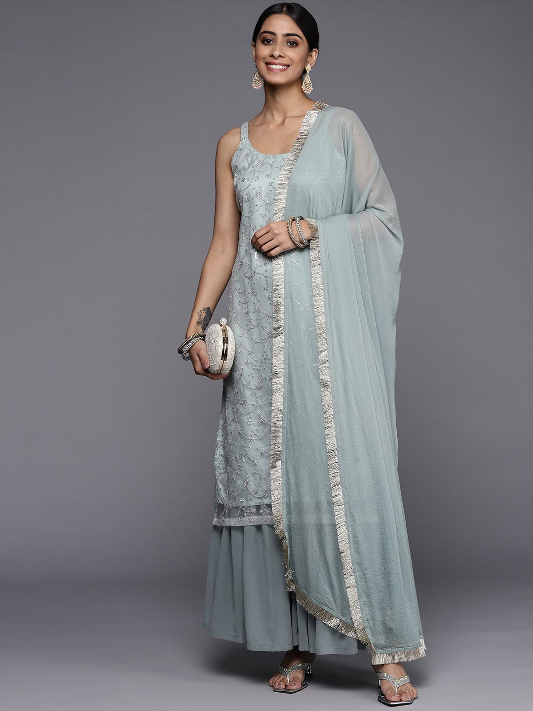 Dhiyona VA Women Green Floral Sequinned Kurta with Sharara & With Dupatta