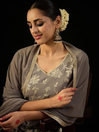 Dhiyona IE V Neck Floral Embroidered Thread Work Kurta with Sharara & Dupatta