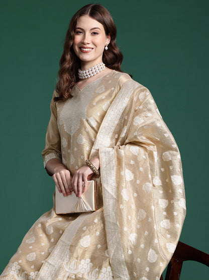 Woven Design Kurta With Trousers & Dupatta