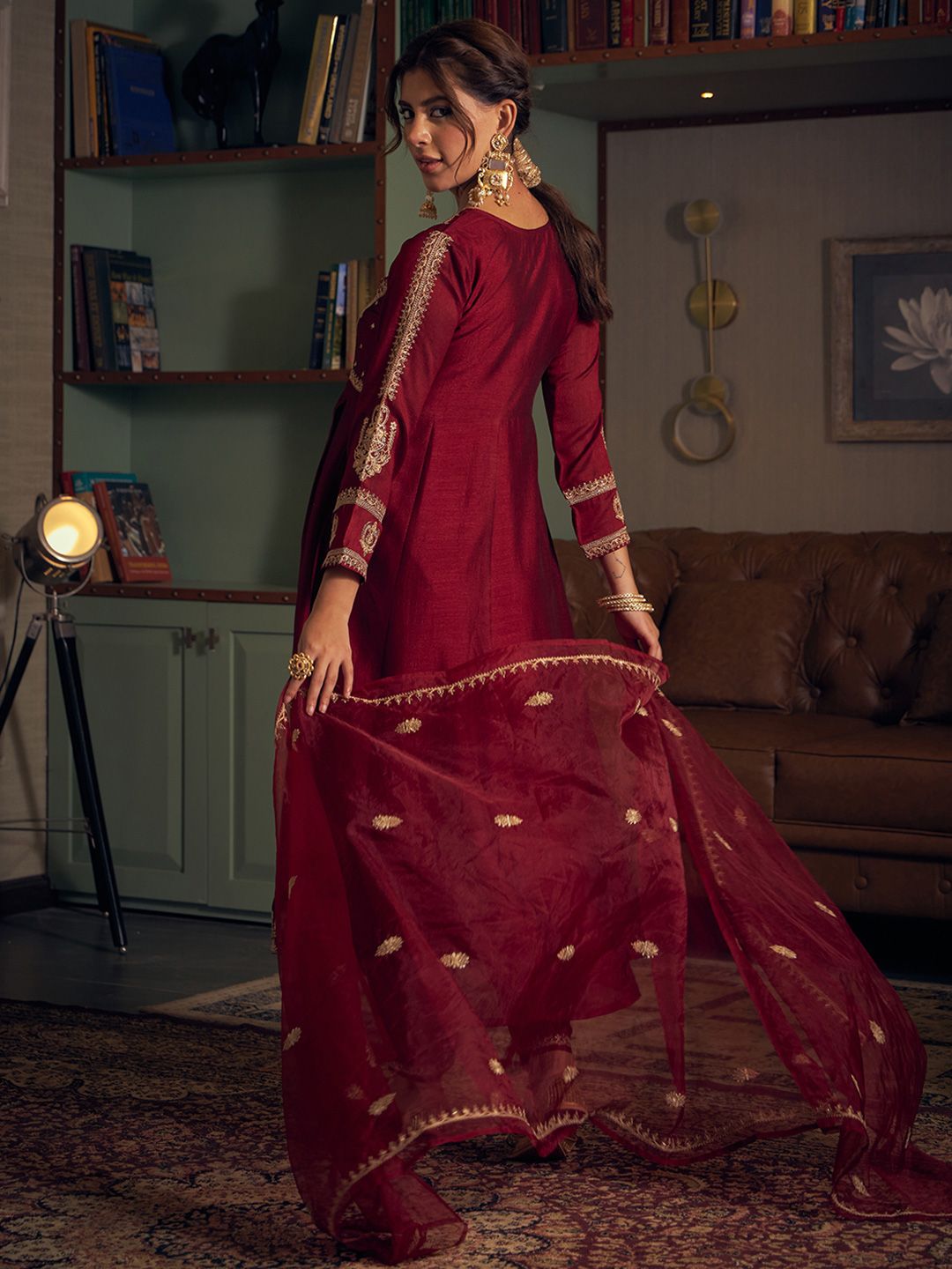 Dhiyona CH Women Embroidered Panelled Sequinned Kurta with Trousers & Dupatta