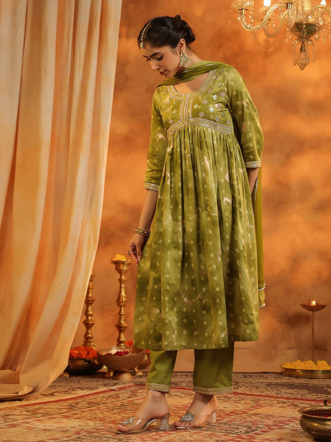 Dhiyona RR Women's Bandhani Printed Pure Cotton Anarkali Kurta with Trousers & Dupatta
