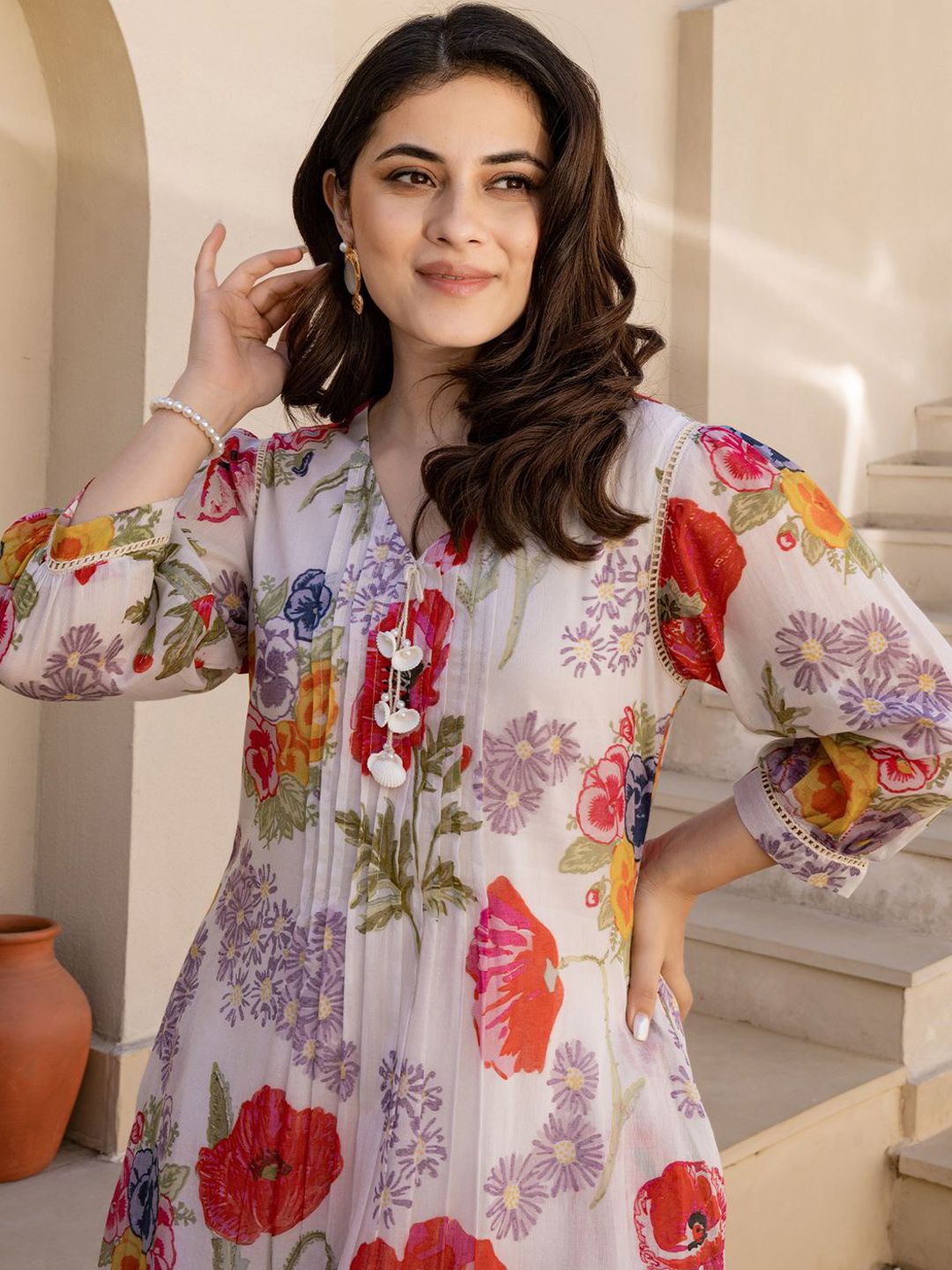 Women Floral Printed V-Neck Pure Cotton A-Line Kurta with Trouser