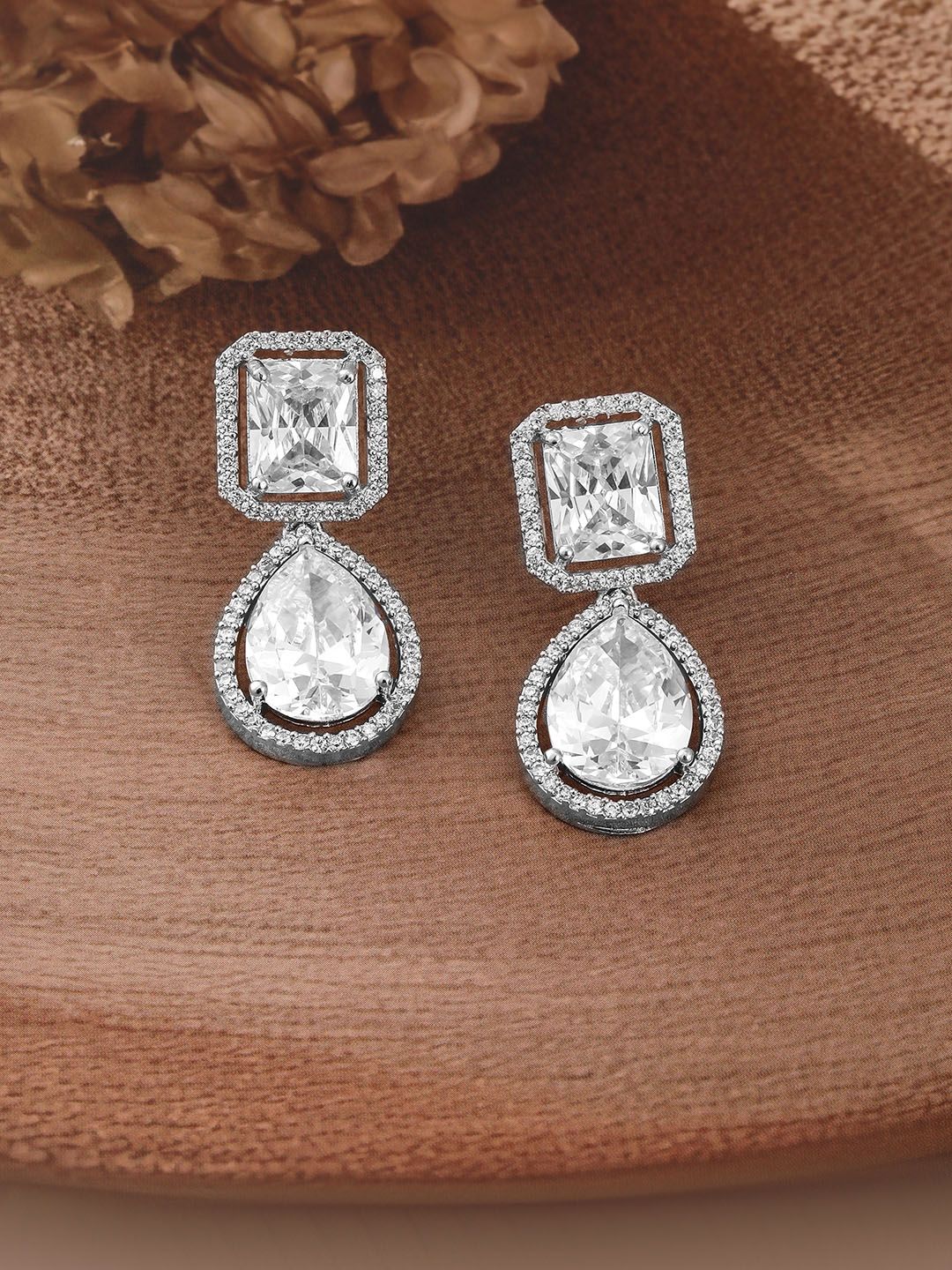 Dhiyona RJ Women's Rhodium Plated Crystal AD & Cubic Zirconia Studded Drop Earrings - Elegant Design