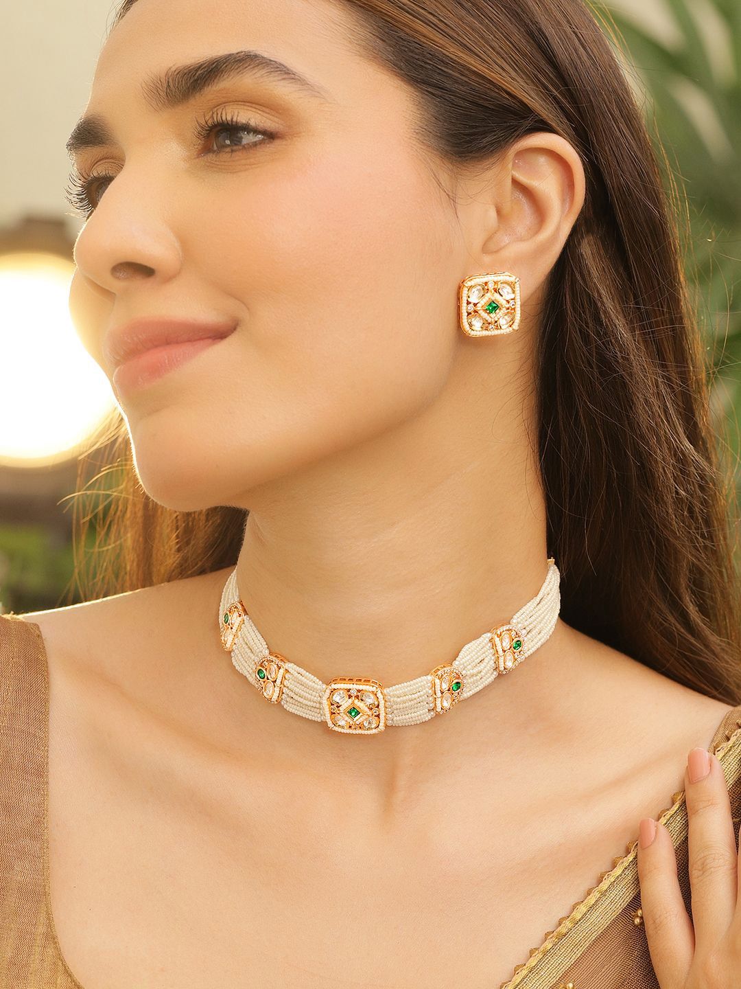 Dhiyona RJ Women's 22K Gold-Plated Polki & Emerald Cubic Zirconia Studed White Pearl Beaded Choker Set