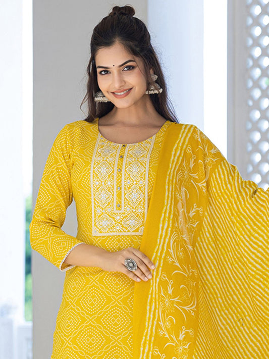 Dhiyona KL Bandhani Printed Regular Mirror Work Kurta With Trousers & Dupatta