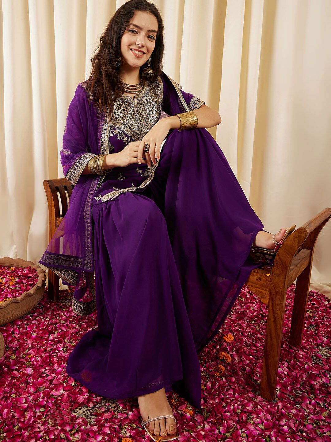 Dhiyona IN Ethnic Motifs Embroidered Regular Sequined Kurti with Sharara & Dupatta