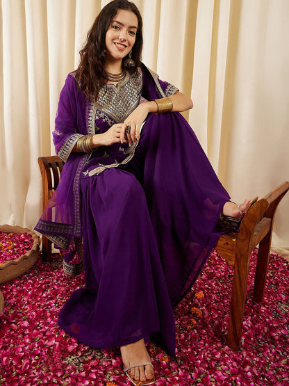 Dhiyona IN Ethnic Motifs Embroidered Regular Sequined Kurti with Sharara & Dupatta