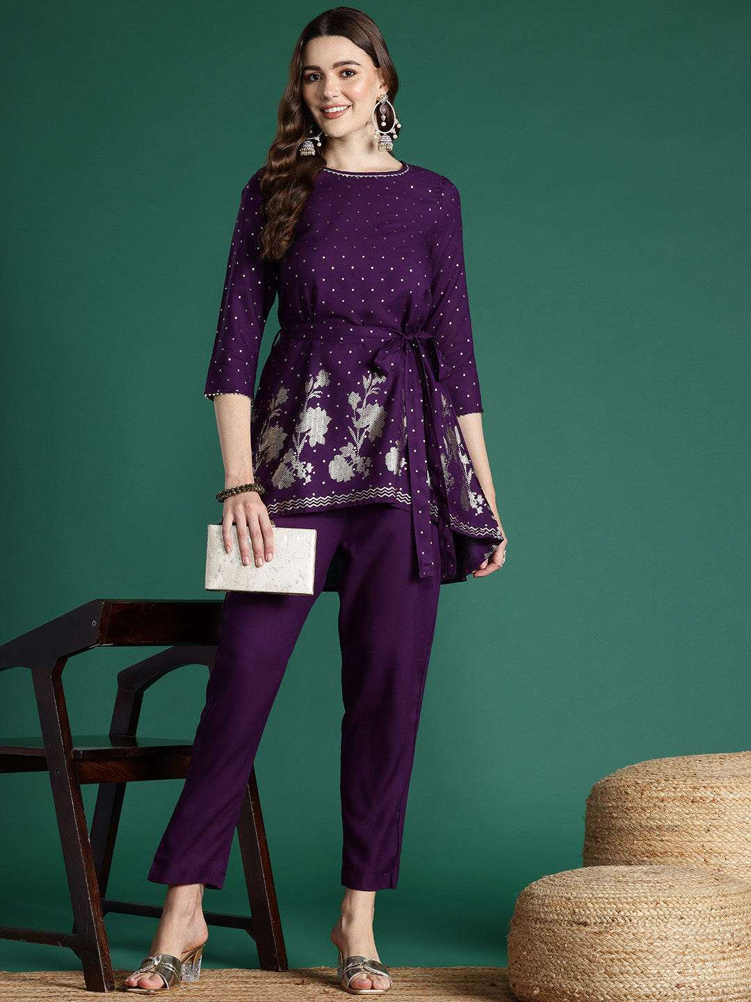 Floral Printed Regular Gotta Patti Kurti With Trousers