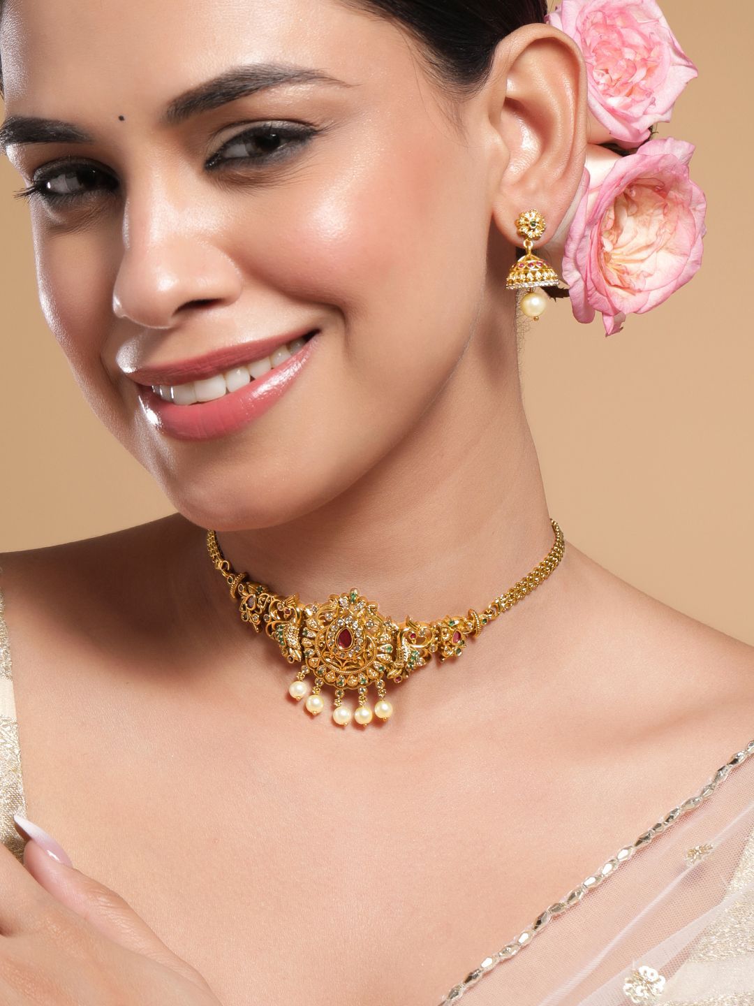 Dhiyona RJ Women's 22K Gold-Plated Ruby, Emerald & Cubic Zirconia Studded Choker Set with Pearl Drops