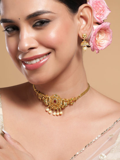 Dhiyona RJ Women's 22K Gold-Plated Ruby, Emerald & Cubic Zirconia Studded Choker Set with Pearl Drops