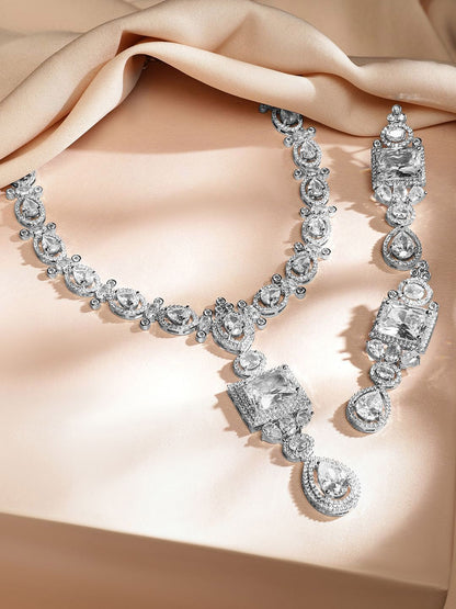 Dhiyona RJ Women's Rhodium-Plated White Cubic Zirconia Studded Statement Luxe Jewellery Set
