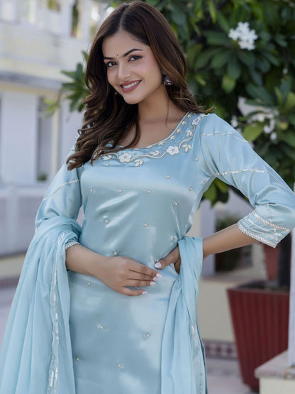Dhiyona AN Blue Floral Embroidered Round Neck Straight Kurti With Sharara And Dupatta