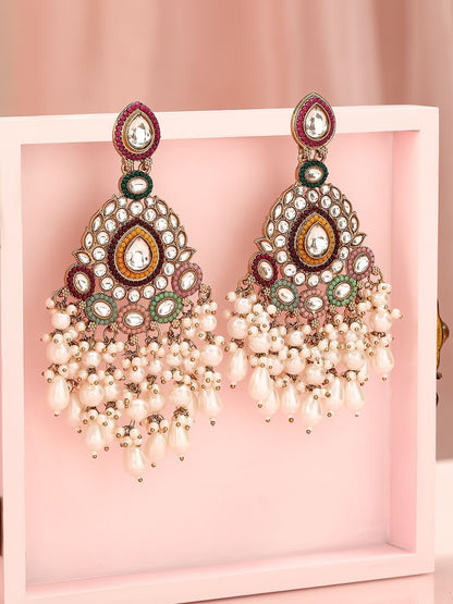 Dhiyona RJ Women's 22K Gold Plated Kundan Studded & Beaded Classic Chandbalis