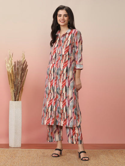 Dhiyona VA Women'sBeige Abstract Printed Shirt Collar Straight Kurta With Trouser