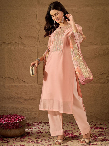 Dhiyona PD Women Embroidered Round Neck Kurta Trouser Dupatta Set
